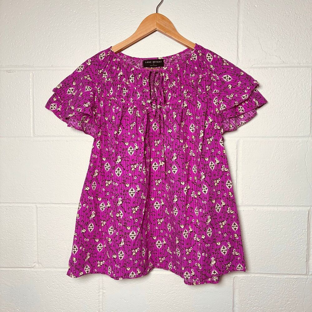 Lane Bryant 100% cotton fuchsia pink floral ruffle sleeve tie top blouse